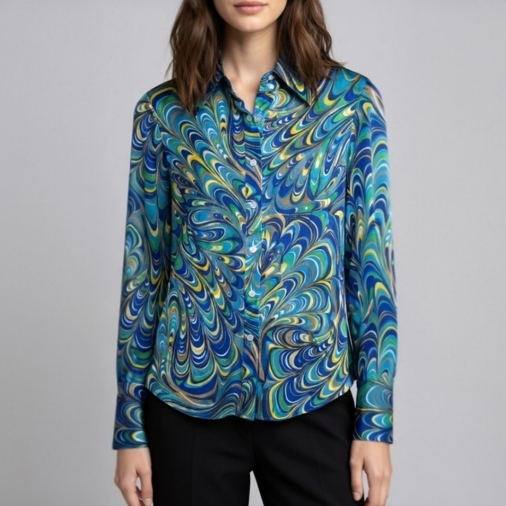 Vtg Tommy Hilfiger 2004 H Collection Silk Psychedelic Blouse Size 2 Blue Teal